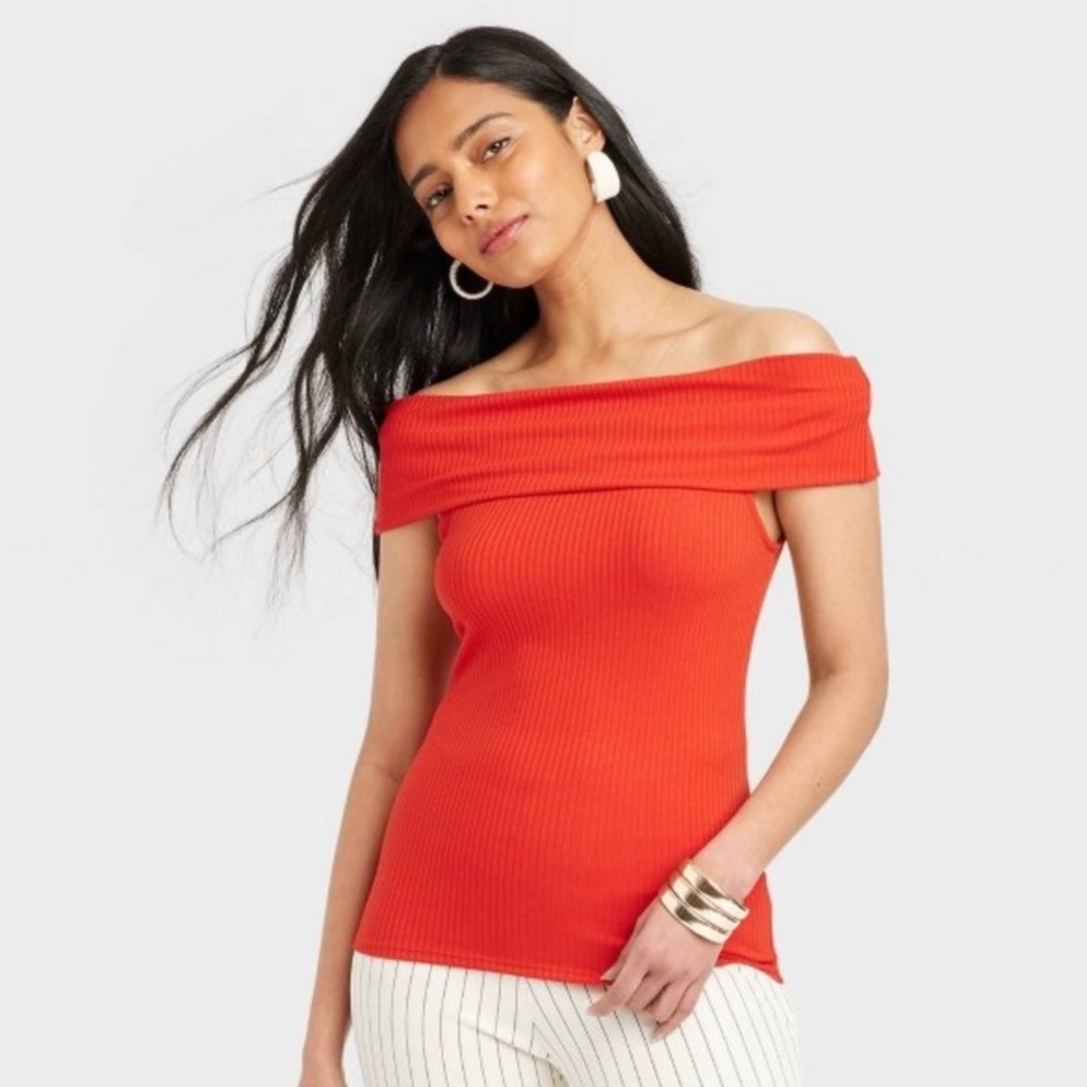 NWT Women's  Red Ribbed Slim Fit Sleeve off the Shoulder Top - A New Day Medium